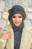 Antrasit Melanj Aksesuarlı Atkılı Vintage Şapka - 2