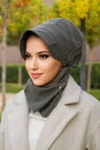 Haki Kaşe Tesettür Şapka Ve Etol Takım - 2