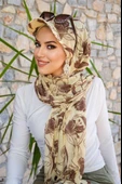 Uçuk Sarı kahve Desen Kepli Bandana Şapka Şal - 2