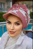 Koyu Pudra Beyaz Desen Bantlı Şapka Bone thumbnail 2