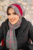 Kırmızı Siyah Kazayağı Desen Tesettür Şapka - 2