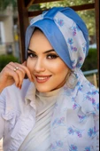 İndigo Çiçek Desen Fularlı Şapka Bone - 1