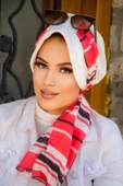Kırık Beyaz Mercan Çizgi Desen Fularlı Şapka thumbnail 2
