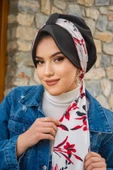 Siyah Kırmızı Yaprak Desen Fularlı Şapka Bone thumbnail 2