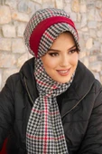 Kırmızı Siyah Kazayağı Desen Tesettür Şapka - 3