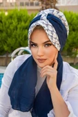 Lacivert Beyaz Hat Desen Fularlı Şapka thumbnail 1