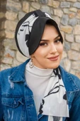 Siyah Beyaz Yaprak Desen Fularlı Şapka Bone thumbnail 3