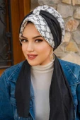 Siyah Beyaz Hat Desen Fularlı Şapka thumbnail 3