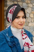 Siyah Kırmızı Yaprak Desen Fularlı Şapka Bone thumbnail 3
