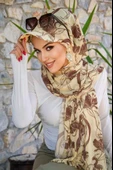 Uçuk Sarı kahve Desen Kepli Bandana Şapka Şal - 3