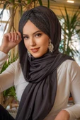 Füme Işıltılı Desen Burgu Hazır Şal - 1