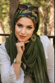 Haki Siyah Yaprak Desen Bone Hazır Şal thumbnail 1