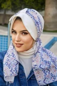 Beyaz Mavi Desenli Fularlı Şapka Bone thumbnail 3