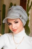 Gri Ekose Desen Metal Detaylı Tesettür Şapka Bone thumbnail 1