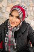 Kırmızı Siyah Kazayağı Desen Tesettür Şapka - 1