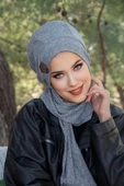 Gri Melanj İnce Örme Armalı Tesettür Bere thumbnail 2