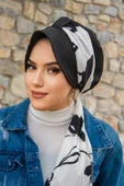 Siyah Beyaz Yaprak Desen Fularlı Şapka Bone thumbnail 2