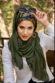 Haki Siyah Yaprak Desen Bone Hazır Şal thumbnail 2