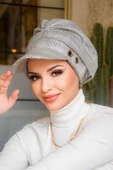 Gri Ekose Desen Metal Detaylı Tesettür Şapka Bone thumbnail 2