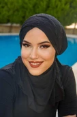 Siyah Hijab Çapraz Bantlı Havuz ve Deniz Bonesi thumbnail 2