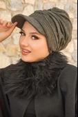 Haki Siyah Ekose Desen Tesettür Şapka - 3