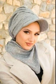 Gri Triko Büzgülü Tesettür Şapka Ve Etol Takım thumbnail 3