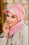 Pudra Kışlık Büzgülü Tesettür Şapka Ve Etol Takım thumbnail 2
