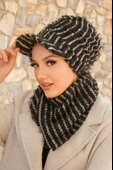 Siyah Çizgili Büzgülü Tesettür Şapka Ve Etol Takım thumbnail 3