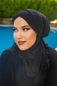 Siyah Hijab Çapraz Bantlı Havuz ve Deniz Bonesi thumbnail 4