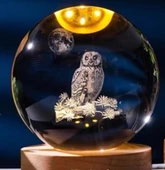 Dekoratif Baykuş Tasarımlı Ahşap Altlıklı Işıklı Cam Küre Büyük Boy 8cm - 1