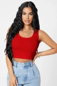 Kadın Kırmızı Kare Yaka Crop Top Bluz thumbnail 4