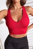 Kadın Kırmızı Derin Göğüs Dekolteli Şık Crop Top Bluz thumbnail 1