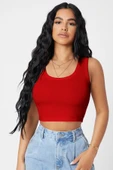 Kadın Kırmızı Kare Yaka Crop Top Bluz thumbnail 1