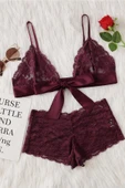 Kadın Bordo Dantelli & Kurdelalı Sütyen Külot Takımı thumbnail 1
