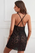 Kadın Siyah Fırfırlı Tül Detaylı Sırtı Çapraz Ve Açık Komple Dantel Gecelik thumbnail 2