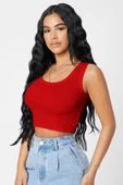 Kadın Kırmızı Kare Yaka Crop Top Bluz thumbnail 5
