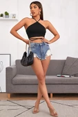 Kadın Siyah Sırtı Açık Boyundan Çapraz Bağlamalı Crop Top Bluz thumbnail 6