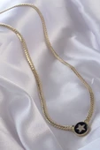 Pirinç Gold Renk Zirkon Taşlı Yıldız Model Siyah Mineli Ezme Zincirli Serenay Kolyesi - TJ-BKO8840 thumbnail 2
