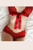 Kadın Kırmızı Dantelli & Kurdelalı Sütyen Külot Takımı thumbnail 5