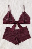 Kadın Bordo Dantelli & Kurdelalı Sütyen Külot Takımı thumbnail 3