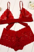Kadın Kırmızı Dantelli & Kurdelalı Sütyen Külot Takımı thumbnail 6