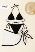Kadın Siyah Beyaz Pareolu Yandan ve Boyundan Bağlamalı 3'lü Bikini Takımı thumbnail 1