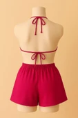 Kadın Fuşya Şortlu Belden ve Boyundan Bağlamalı Bikini Takımı thumbnail 3