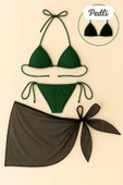 Kadın Yeşil Siyah Pareolu Yandan ve Boyundan Bağlamalı 3'lü Bikini Takımı thumbnail 1