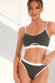 Kadın Gri Antrasit Kaşkorse ve Beyaz Lastikli Cut-Out Tanga Külotlu Takım thumbnail 4