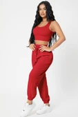 Kadın Kırmızı Kaşkorse Cepli Jogger Eşofman Altı ve Crop Top Bluz thumbnail 3
