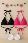 Kadın Siyah ve Fuşya Minimal Kesim Üçgen Bikini Üstü thumbnail 5