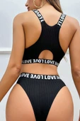 Kadın Siyah Çapraz Sırt ve Love Lastik Detaylı Sütyen Külot Takım thumbnail 1