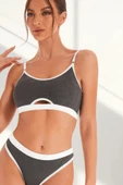 Kadın Gri Antrasit Kaşkorse ve Beyaz Lastikli Cut-Out Tanga Külotlu Takım thumbnail 3