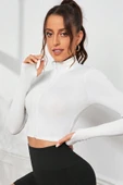 Kadın Beyaz Uzun Kol Fermuarlı Parmak Geçme Detaylı Dik Yaka Crop Top Bluz thumbnail 5